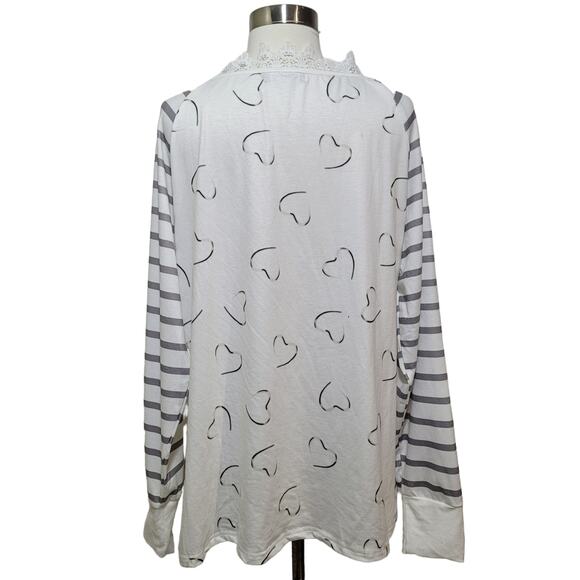 NORACORA Womens White Gray Stripe Heart V-Neck Crochet Long Sleeve Top Size L - Picture 6 of 9